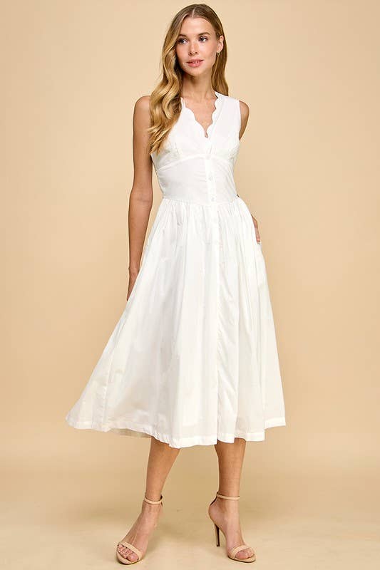 Scalloped Neckline Fit & Flare Dress L / White Scalloped Neckline Fit & Flare Dress L / White