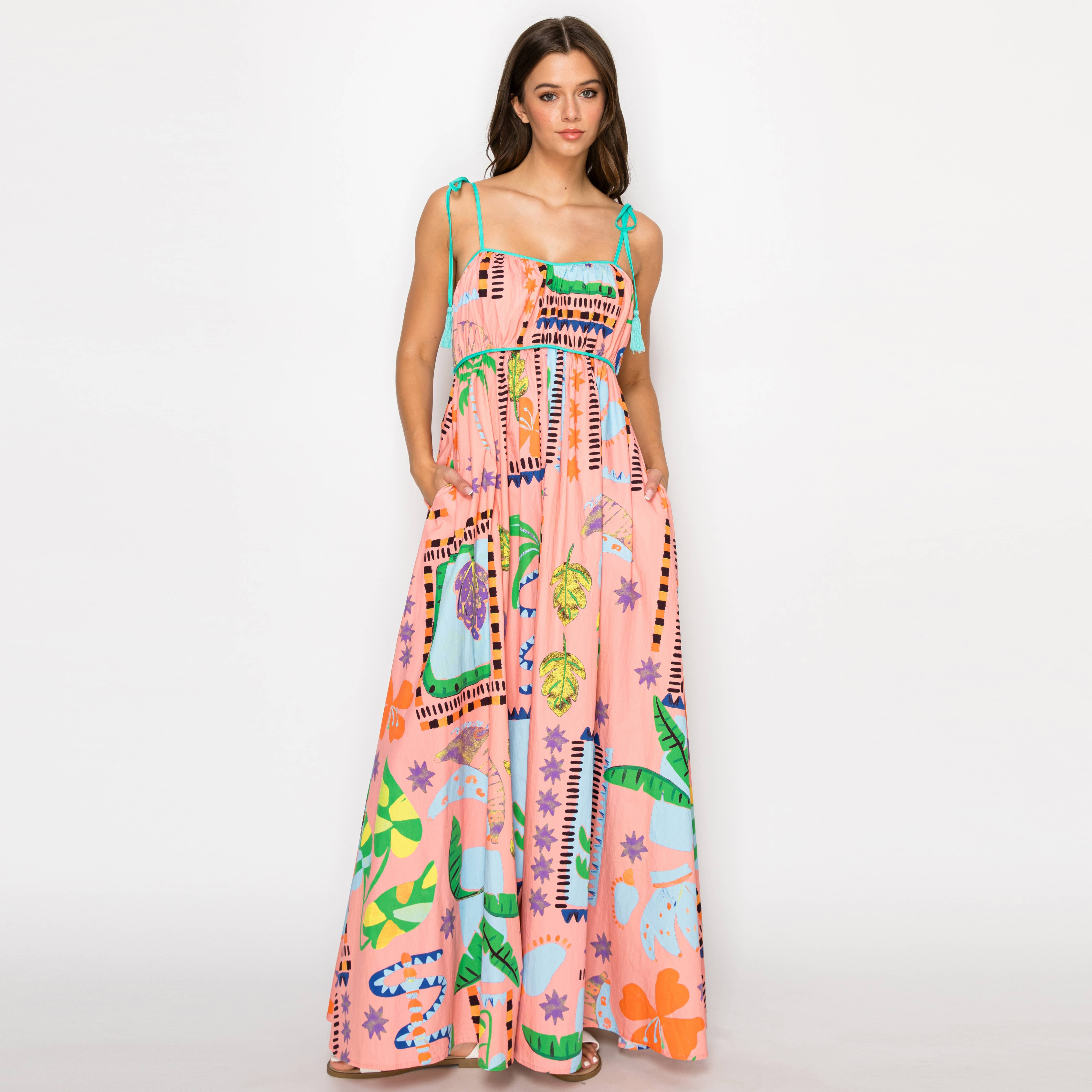 tropical print cotton dress Women's Not In A Hurry Olive Green Tropical Print Cotton Cutout Maxi Dress | Size: M