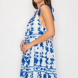 Blue Leaves Print Maxi Halter Dress