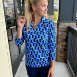 Cir Geo Blu/Emld 3/4 Slv Collar VNeck