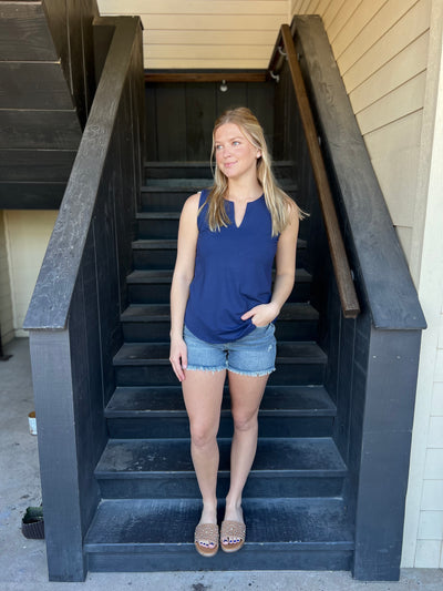 Navy Sleeveless Keyhole Top