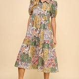 Abstract Print Collared Midi Shirt Dress