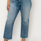PLUS SIZE- HIGH RISE STRETCH DISTRESSED ANKLE STRAIGHT JEANS: 16