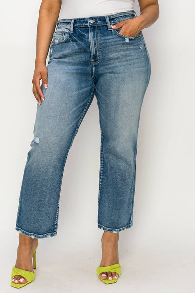 PLUS SIZE- HIGH RISE STRETCH DISTRESSED ANKLE STRAIGHT JEANS: 16