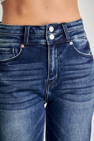 HIGH RISE DOUBLE WAIST BAND STRAIGHT RAW HEM JEANS: 13/30