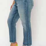 PLUS SIZE- HIGH RISE STRETCH DISTRESSED ANKLE STRAIGHT JEANS: 16