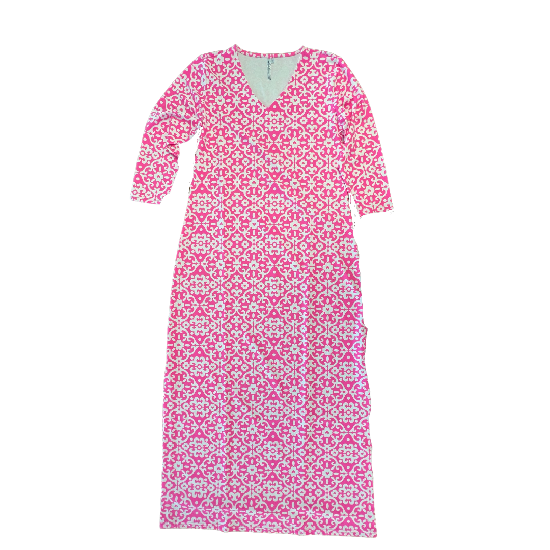 Pink and White Pattern 3/4 Sleeve V Neck Maxi