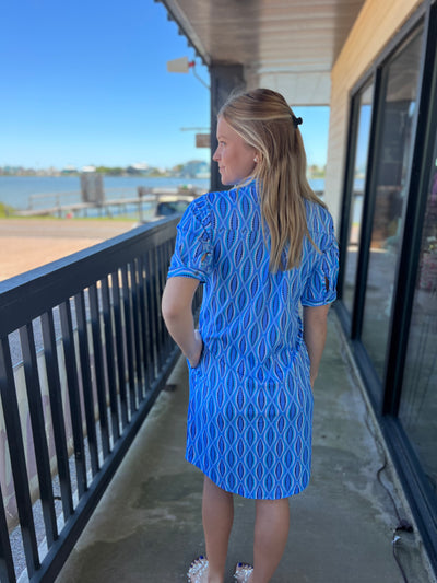 Blue Oval Collar Button Down Dress