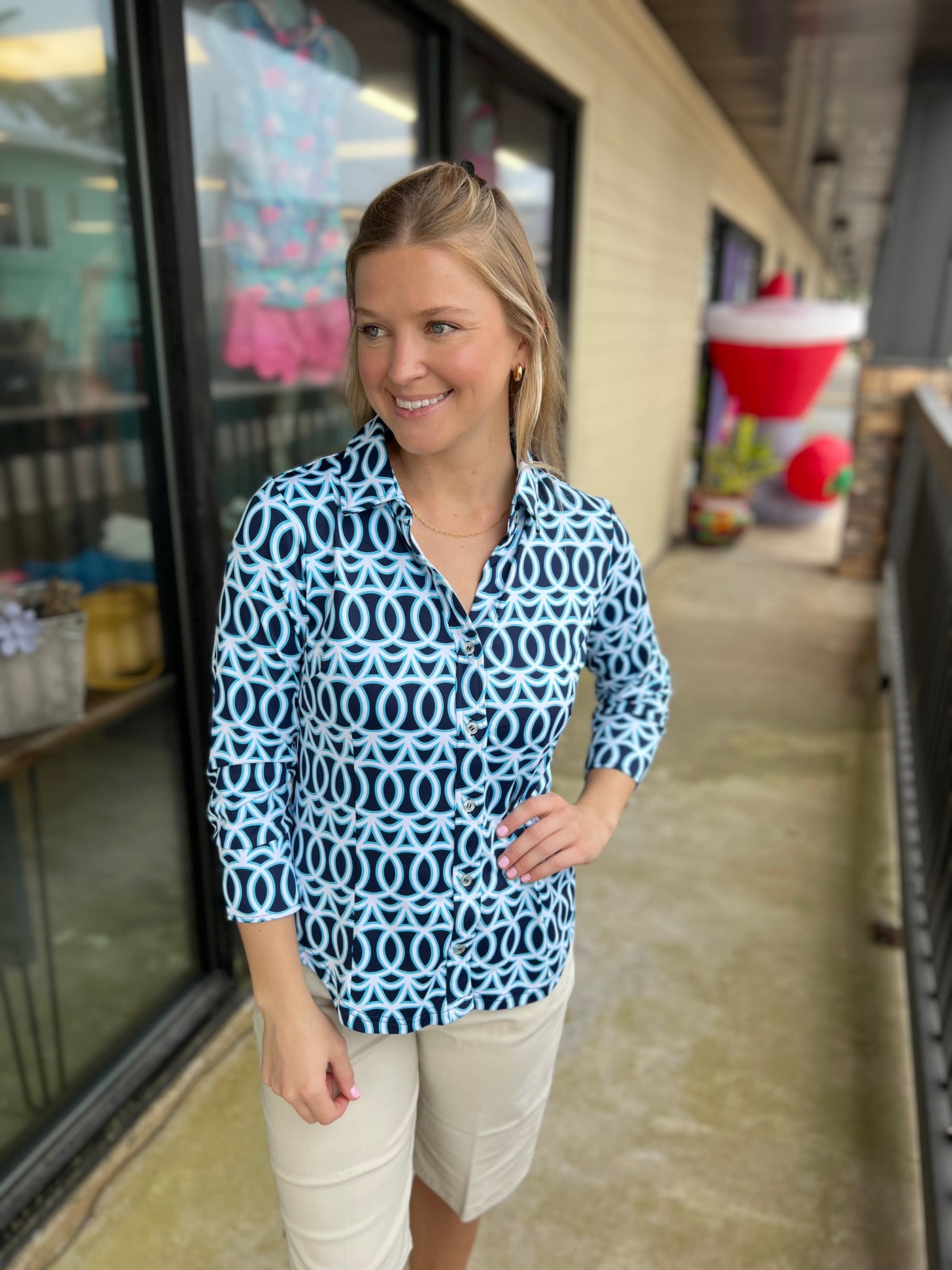 Blue and White Pattern Button Up Top