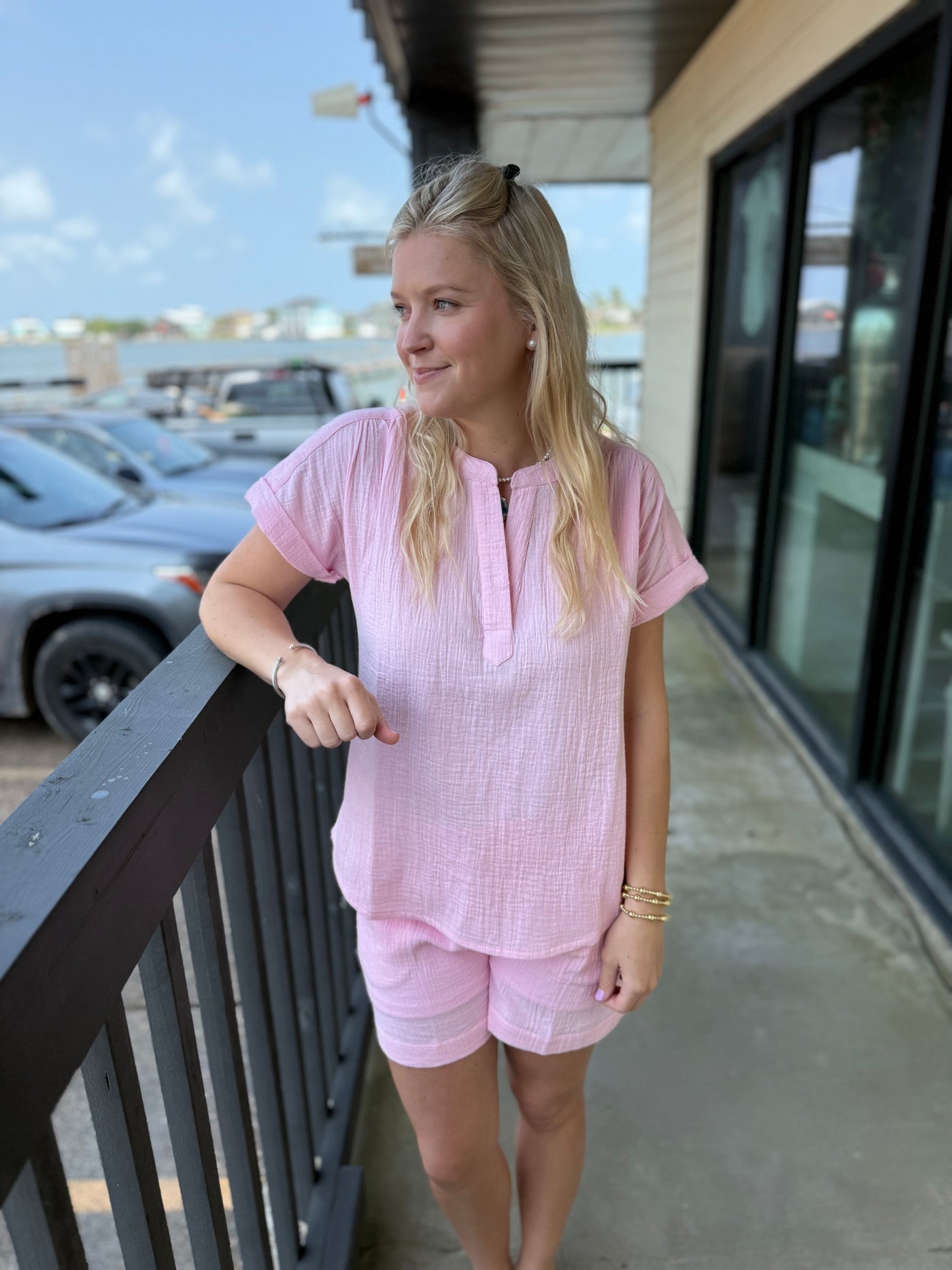 Sea Glass Pink Short Sleeve V Top