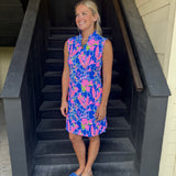 Blue and Pink Floral Sleeveless Keyhole Dress