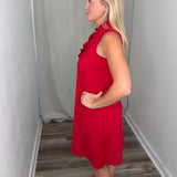 Crimson Ruffle V Neck Dress