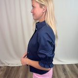 Navy Matte Sateen Elbow Sleeve Shirt