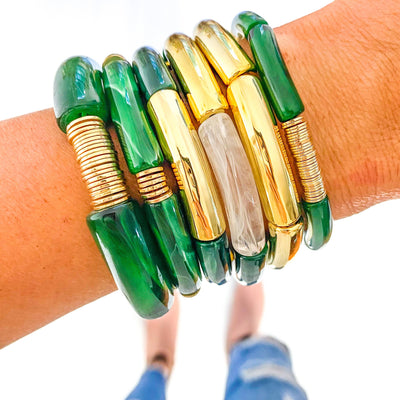 Green & White Marble Tube Bamboo Bracelet: Green Marble-Gold Discs