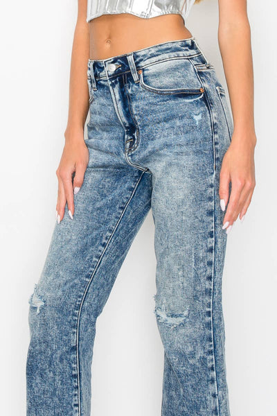 HIGH RISE STRETCH FLARE WITH DISTRESSED FRAYED HEM JEANS: 3(25)