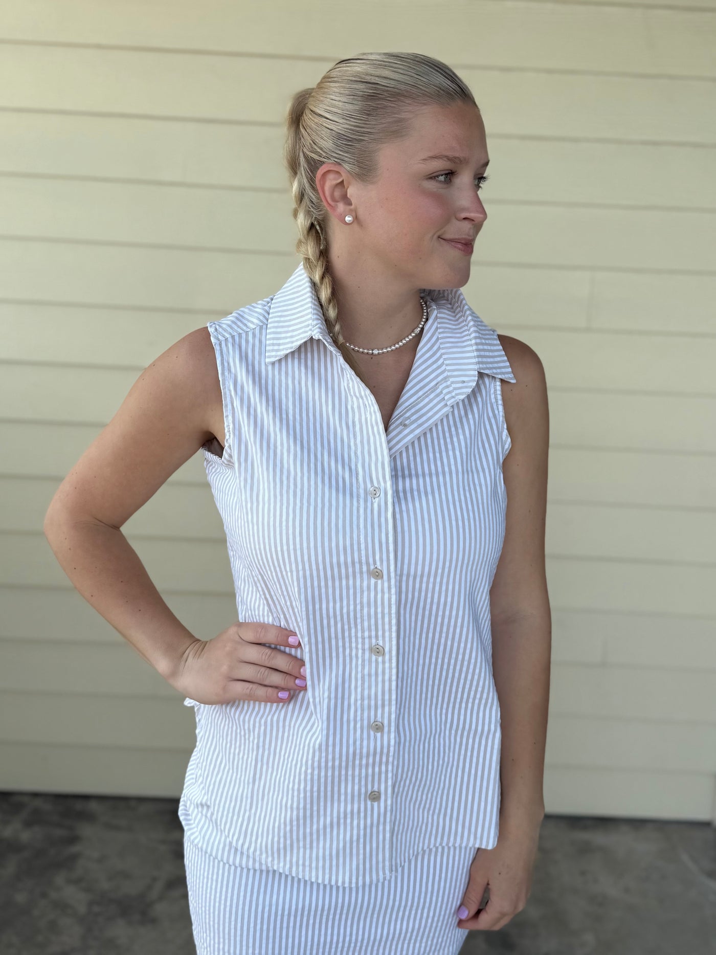 Khaki & White Stripe Button Up Top