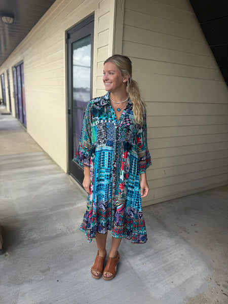 Blue Ruffle Sleeve Dress XL
