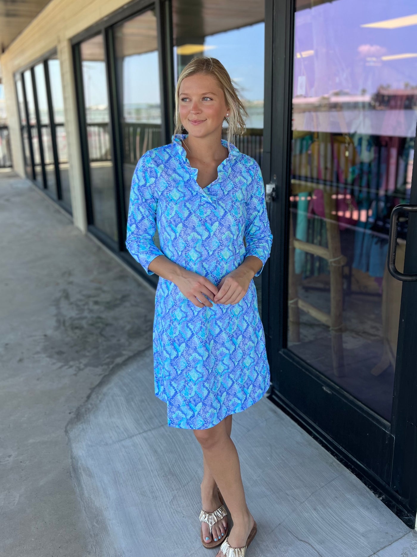 Python Blues Ruffled Collar Dress