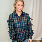 Bow Accent Puff Sleeve Collared Neck Plaid Shirt