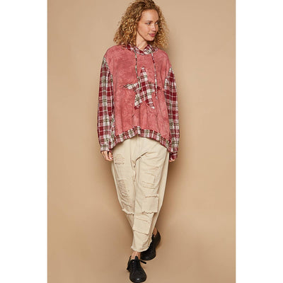 Tie dyed plaid sleeve star patch top