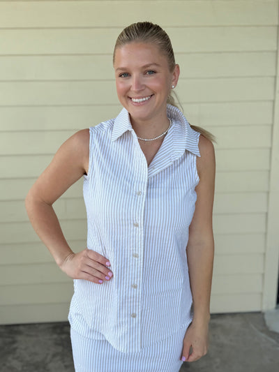 Khaki & White Stripe Button Up Top