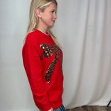 Leopard Sequin Bow Crew Neck Knitted Sweater Top