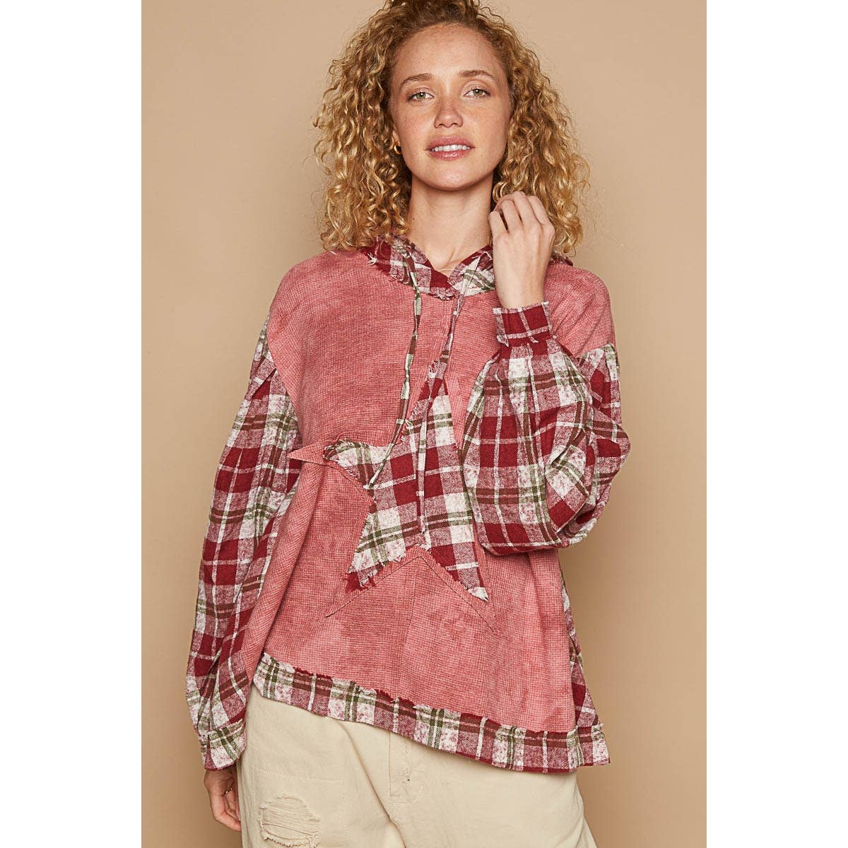 Tie dyed plaid sleeve star patch top