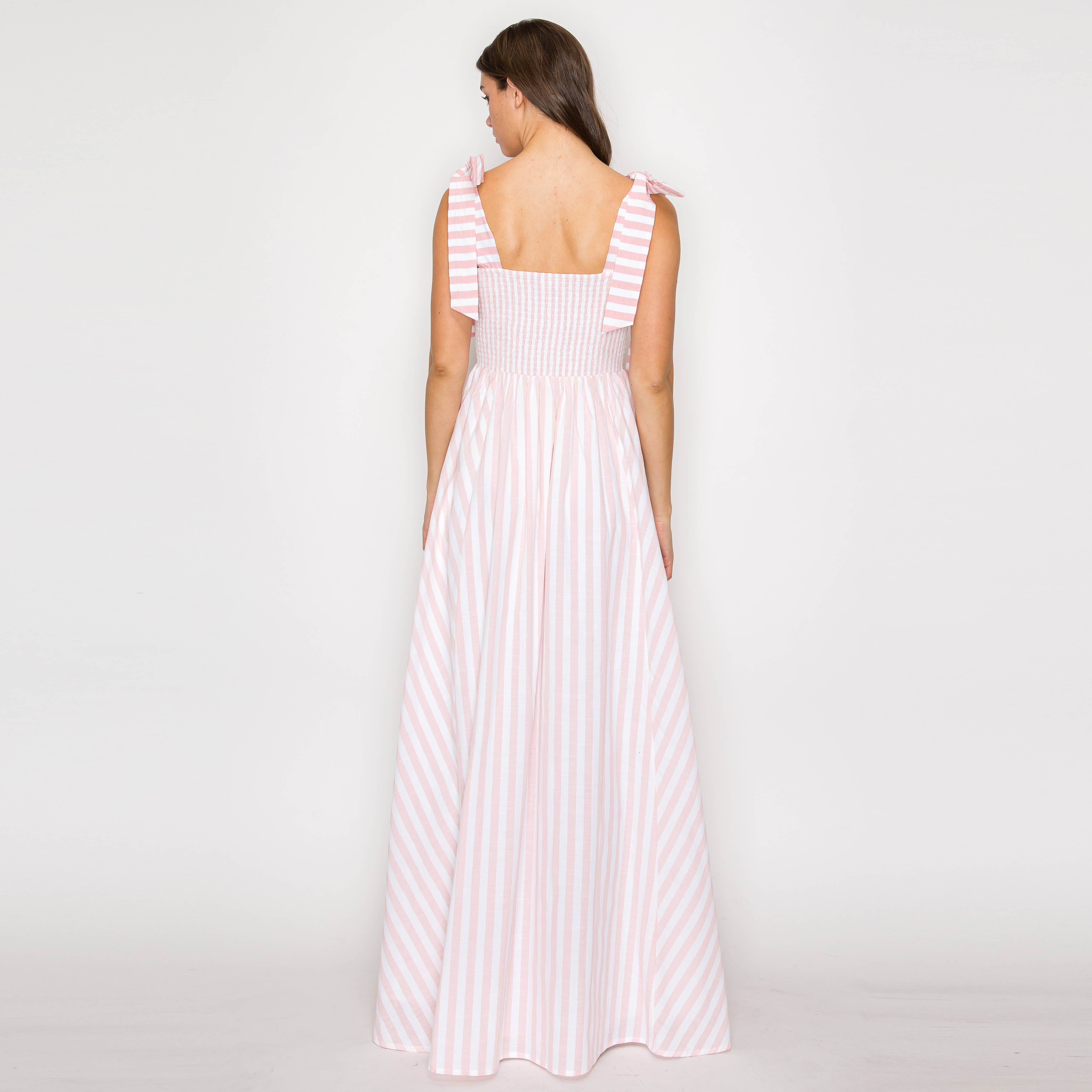 Pink Stripe Maxi Dress Shoulder Tie S Pink Stripe Maxi Dress Shoulder Tie S