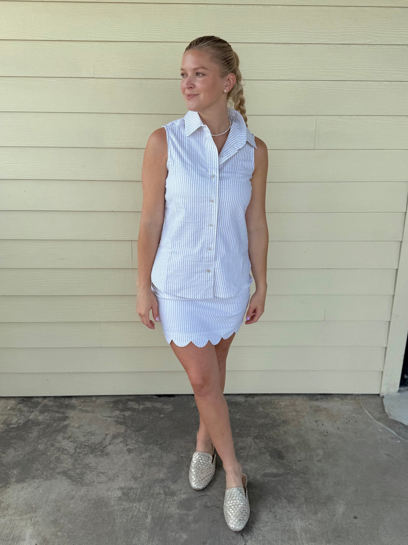 Khaki & White Stripe Scallop Skort