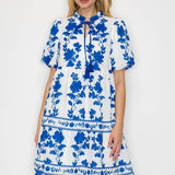 Blue Leaves Print Mini Dress