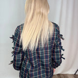 Bow Accent Puff Sleeve Collared Neck Plaid Shirt