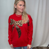 Leopard Sequin Bow Crew Neck Knitted Sweater Top