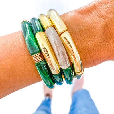 Green & White Marble Tube Bamboo Bracelet: Green Marble-Gold Discs