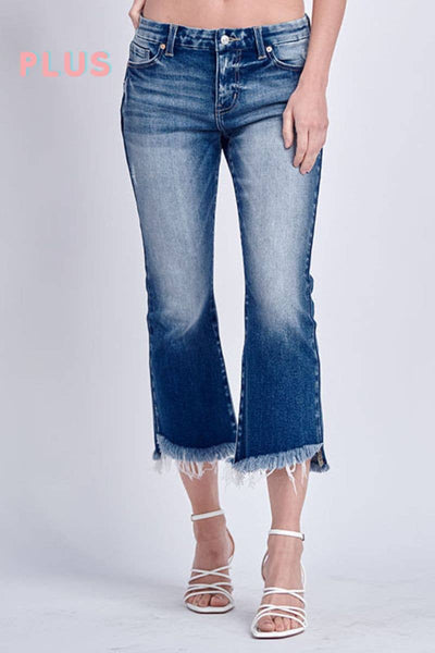 PLUS SIZE - HIGH RISE STRETCH CROP FLARE WITH FRAY HEM JEANS: 16/32
