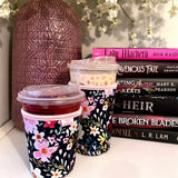 Navy Floral Iced Coffee Drink Sleeve- Medium