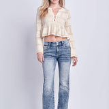 MID RISE STRETCH BOOTCUT W/ RELEASED FRAYED HEM & SLIT JEANS: 5/26