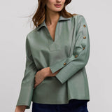 Soft Olive Pinpoint 3/4 Button Sleeve Shirt