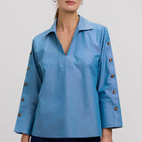 Soft Indigo Pinpoint 3/4 Button Sleeve Shirt