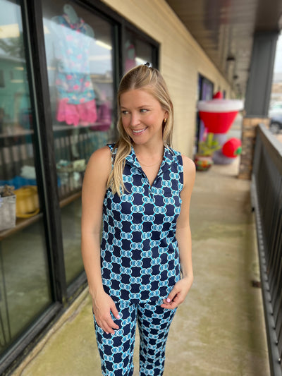 Navy and Blue Circle Zip Neck Sleeveless Top