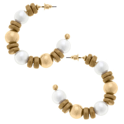 Sheridan Pearl, Wood & Gold Bead Teardrop Earrings in Ivory
