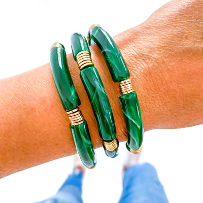 Green & White Marble Tube Bamboo Bracelet: Green Marble-Gold Discs