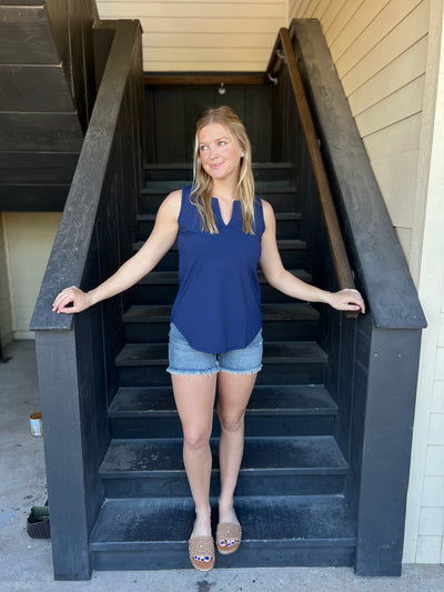 Navy Sleeveless Keyhole Top