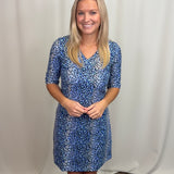 Blue Leopard Vneck Elbow Sleeve Dress