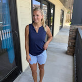 Navy Sleeveless Keyhole Top