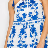 Blue Leaves Print Maxi Halter Dress