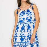 Blue Leaves Print Maxi Halter Dress