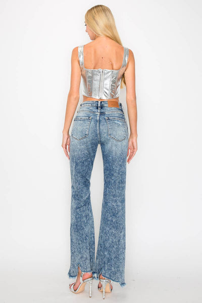 HIGH RISE STRETCH FLARE WITH DISTRESSED FRAYED HEM JEANS: 3(25)