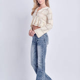MID RISE STRETCH BOOTCUT W/ RELEASED FRAYED HEM & SLIT JEANS: 5/26