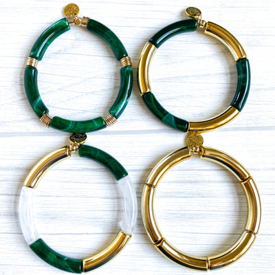 Green & White Marble Tube Bamboo Bracelet: Green Marble-Gold Discs