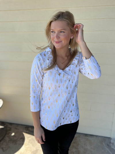 Gold Ruffled Neck 3/4 Sleeve Top